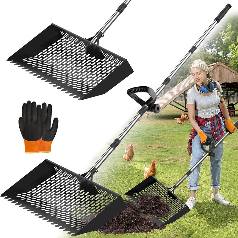 Besly 15 inches Large Chicken Poop Scooper & Rake 2-in-1, Adjustable Chicken Coop Pooper Shovel (37 to 77"), Sifting Litter Shovel Scoop for Chicken Coop/Goat Stall/Stable Cleaning Tool - Image 1